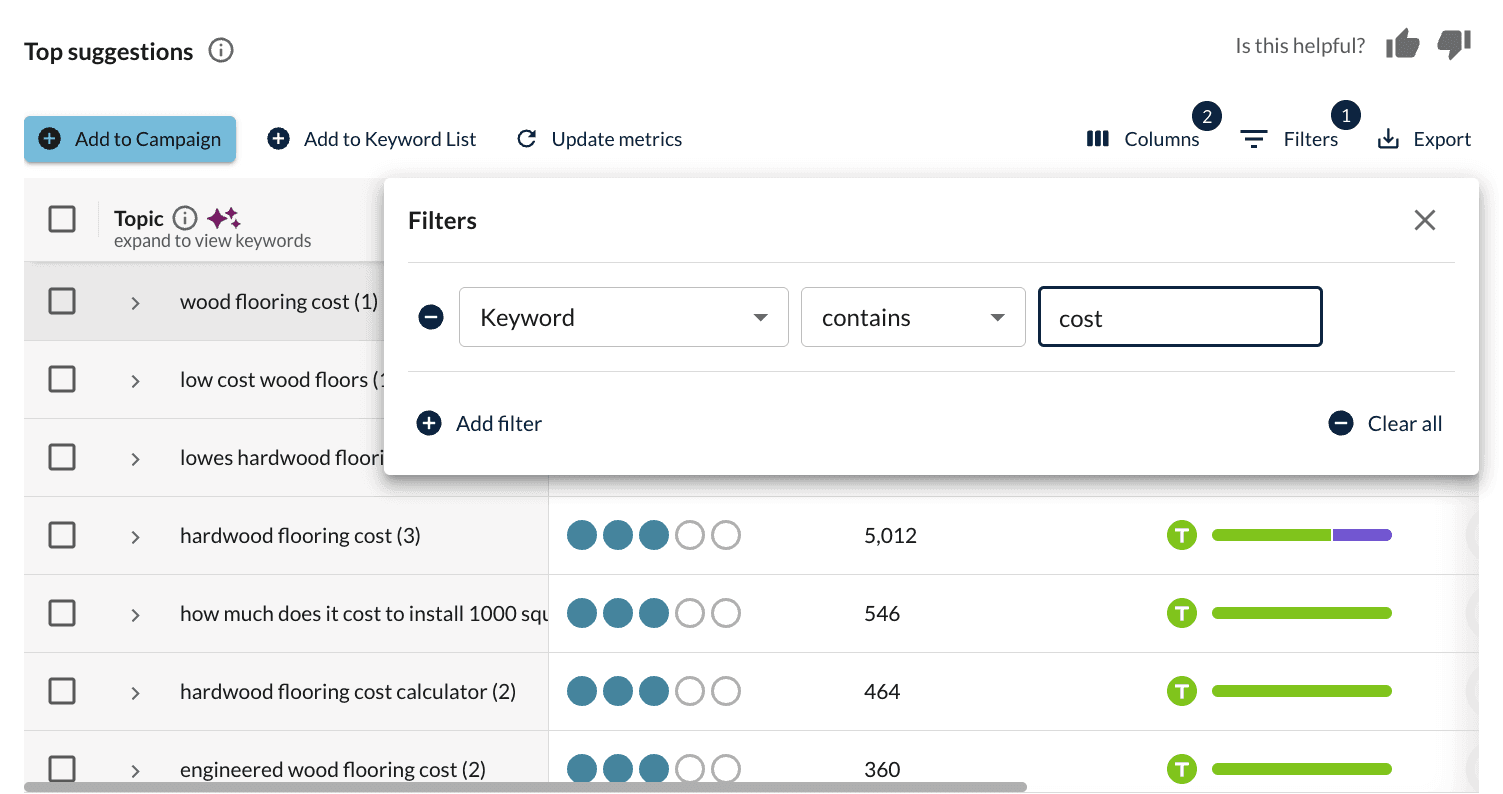 keyword suggestions filtered by modifiers