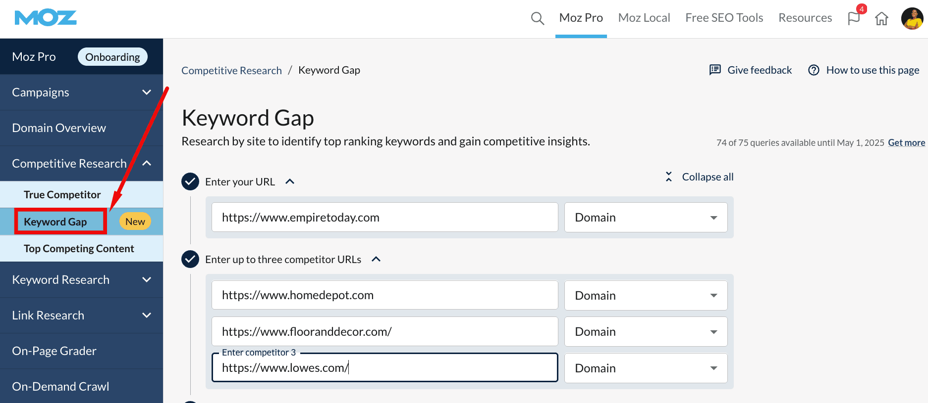 Moz's Keyword Gap tool interface with Empire Today competing against Home Depot, Floor and Decor, and Lowe's