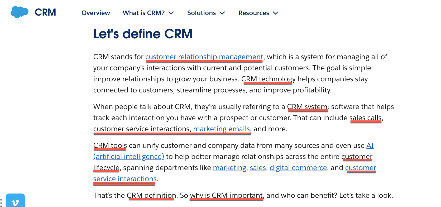 Close-up of Salesforce's CRM page showing entity usage and internal linking structure.
