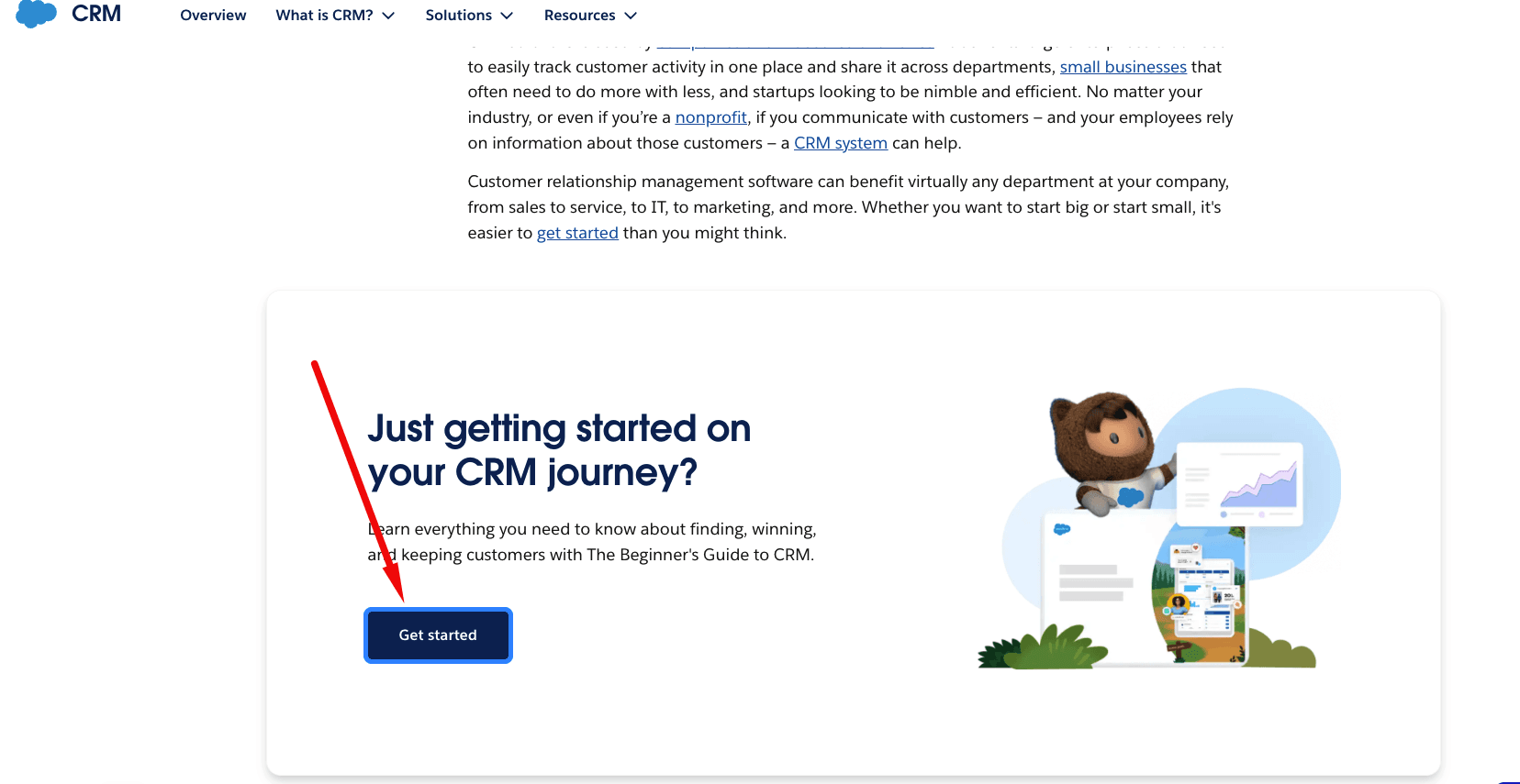 Salesforce's CRM pillar page with beginner's guide section that serves as a lead magnet