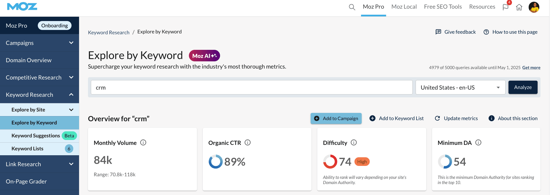 Moz Keyword Explorer showing search volume and keyword difficulty data