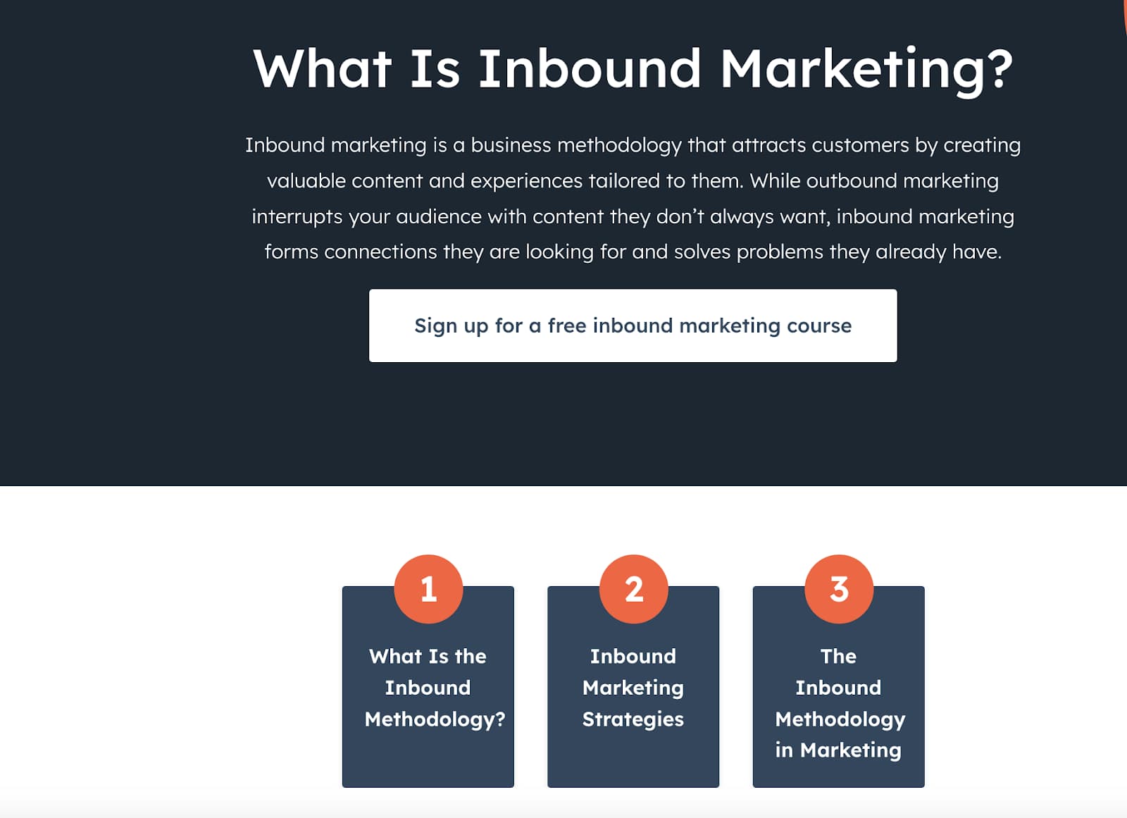HubSpot's inbound marketing pillar page with free course offer at the top