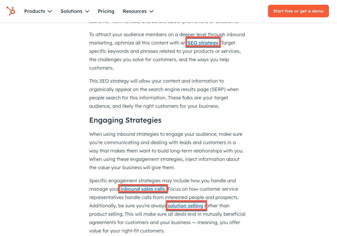 HubSpot's content showing entity usage and internal linking to connect the pillar to subtopics.