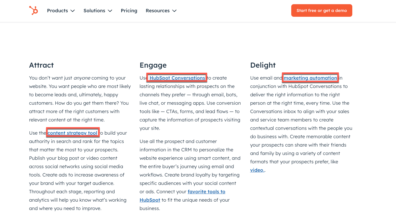 HubSpot naturally links to product pages within their pillar content.