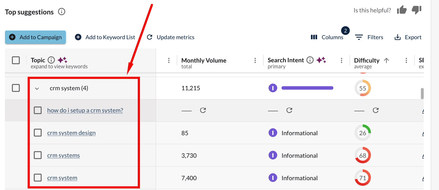 "CRM system" keyword data showing 11,215 total monthly searches in Moz keyword suggestions by topic