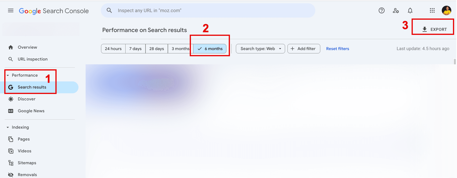 Google Search Console export interface showing how to export performance data for content inventory.