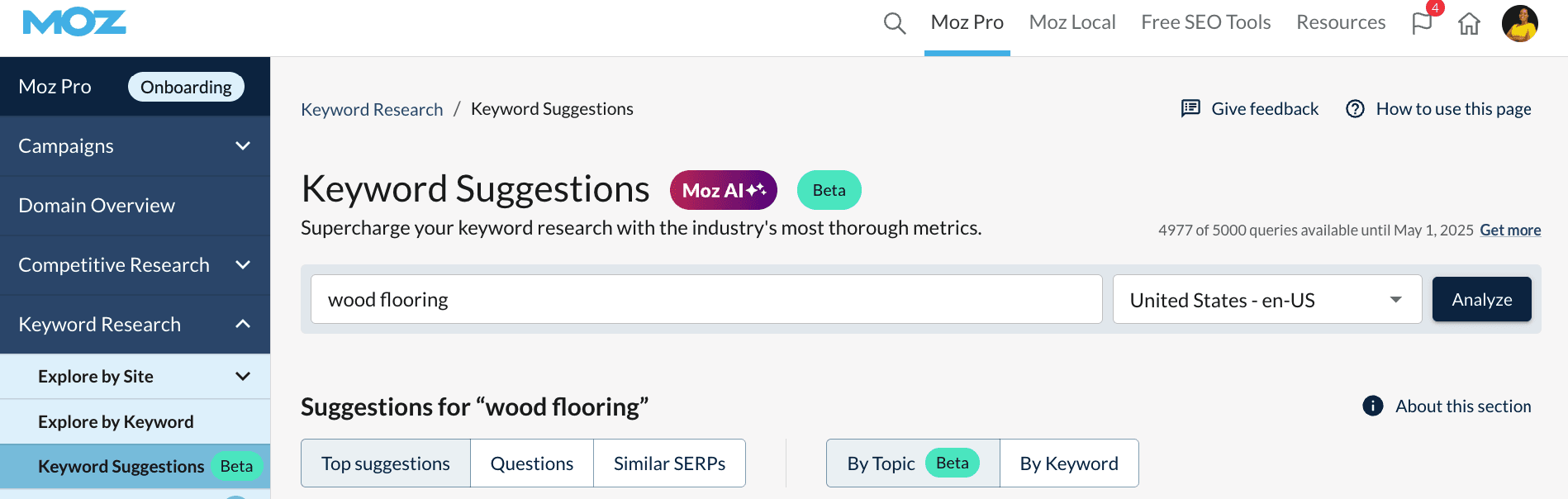 Keyword Suggestions by Topic displaying keyword variations organized by search intent and volume.