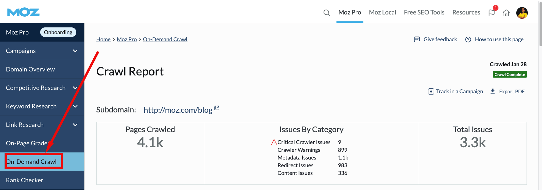 Moz Pro Site Crawl