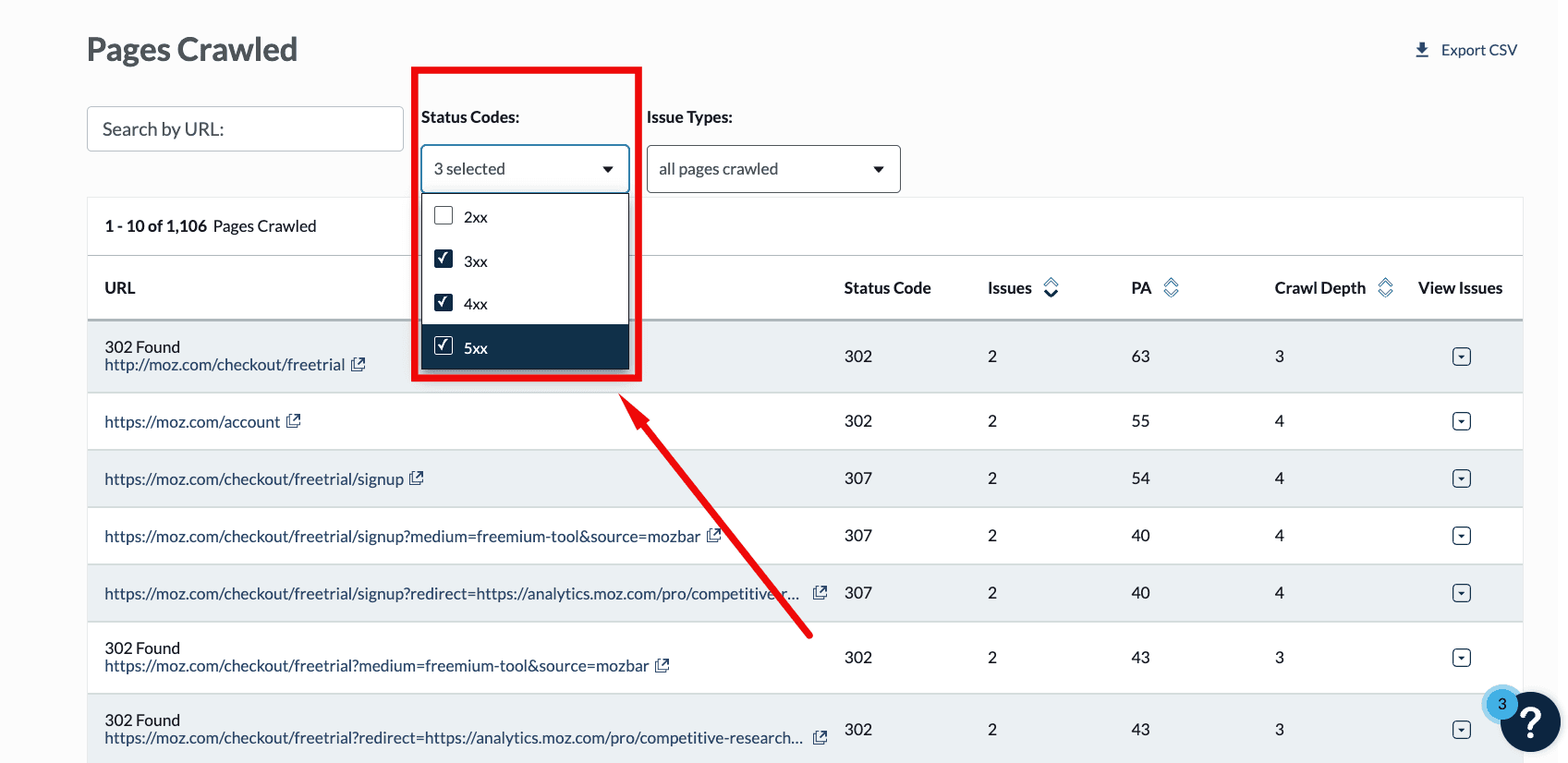 status code errors in Moz site crawl audit