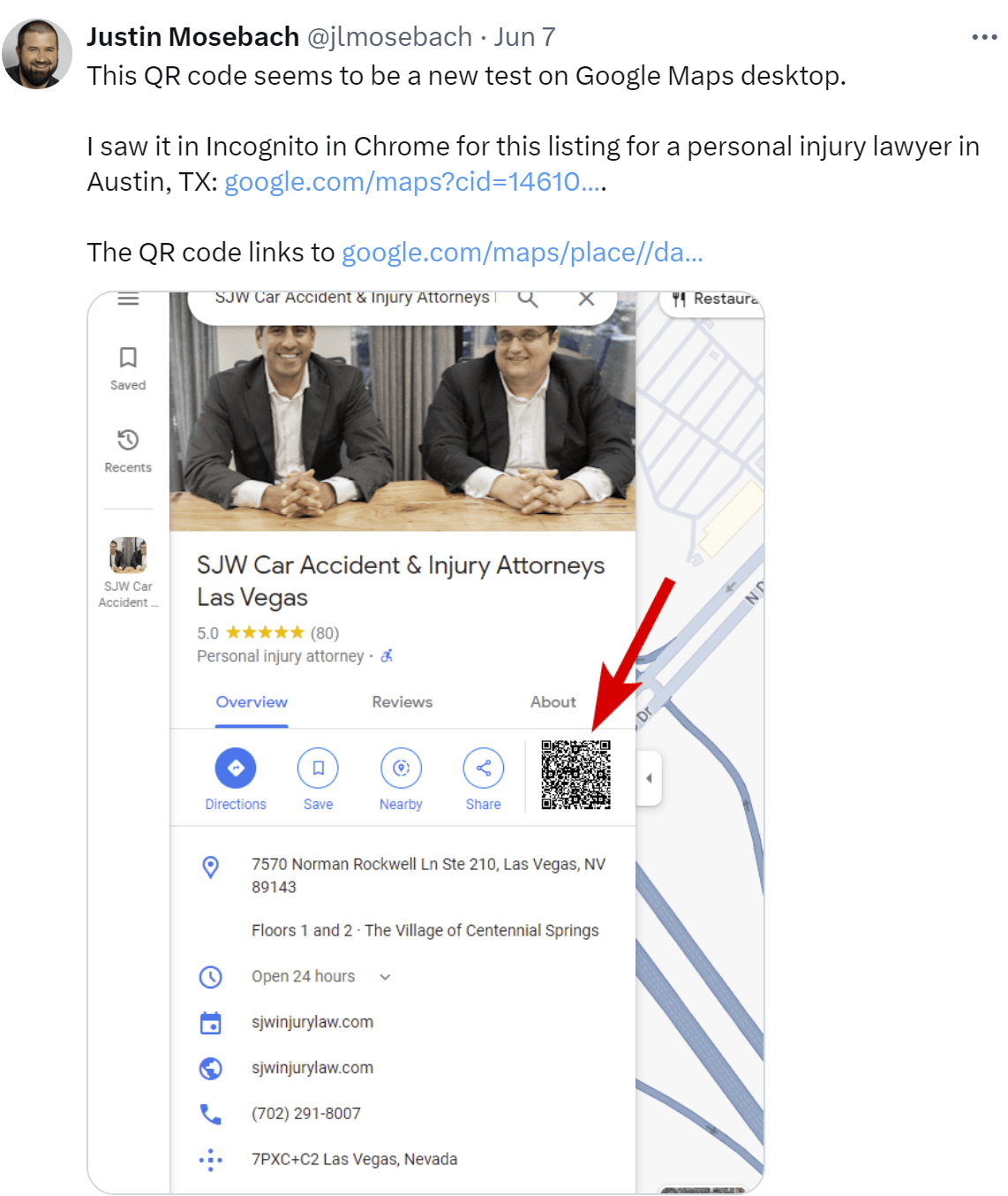 A QR code appears on a Google Business Profile near the name and address information