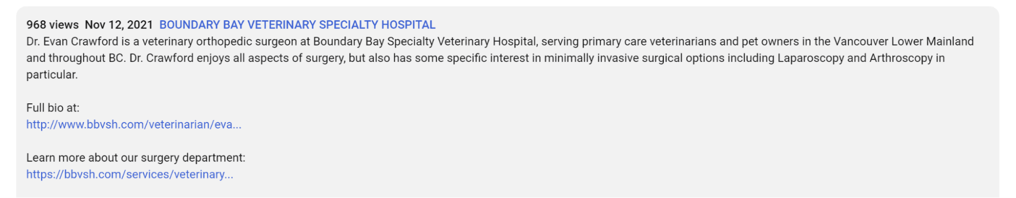 A YouTube video description links to the bio of a vet.