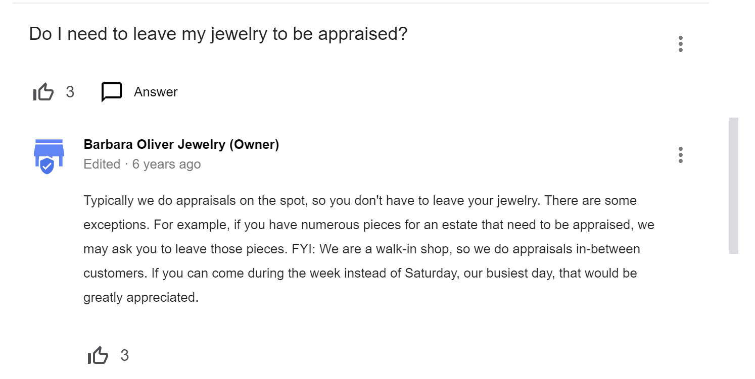 A business owner responds helpfully to a question in Google's Q&A about their services.