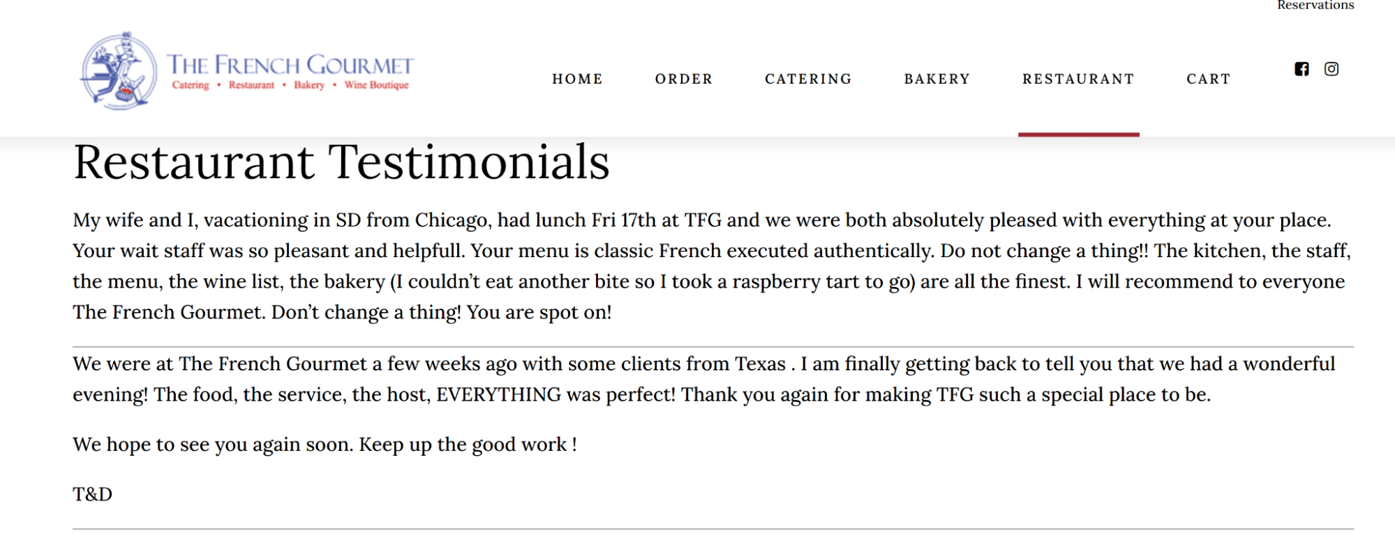 A customer testimonial page on a restaurant website.