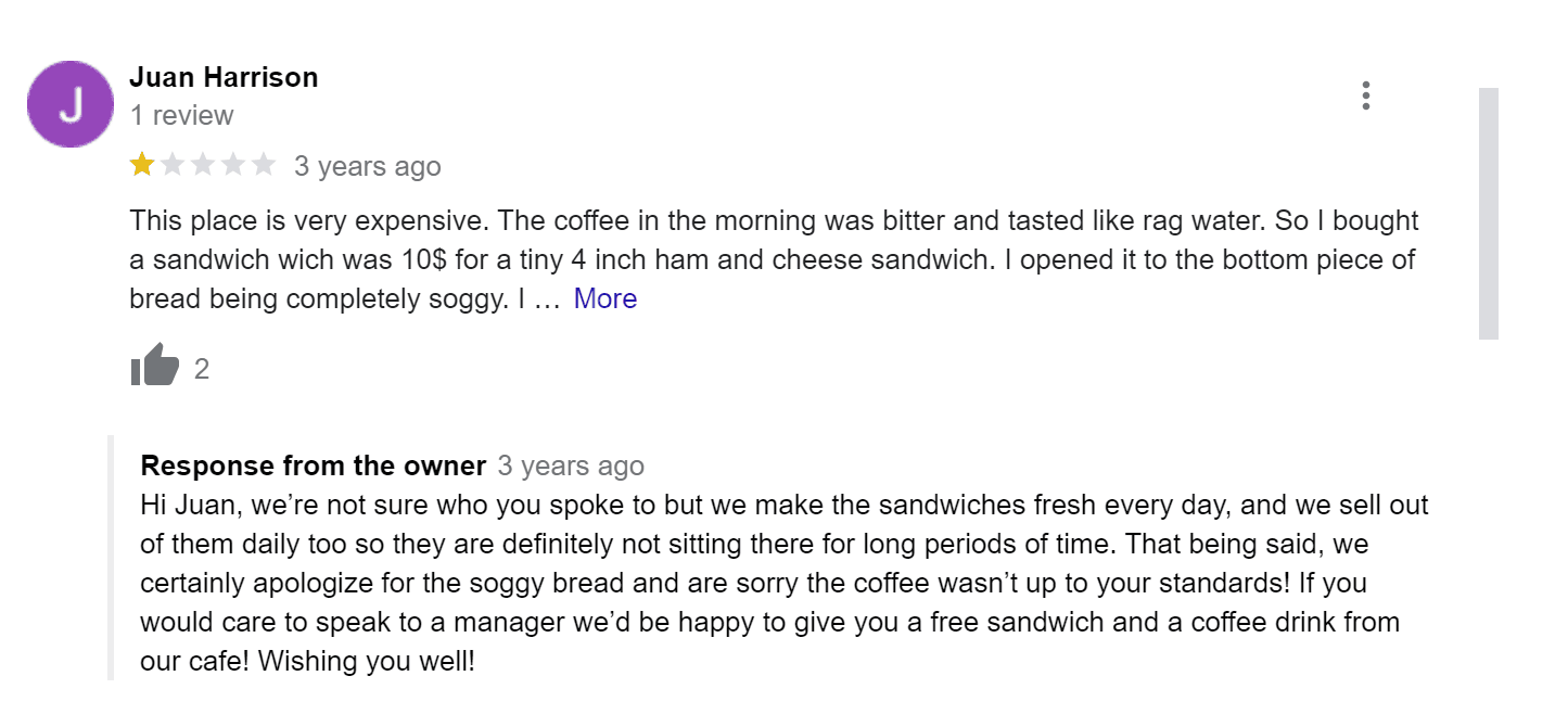 A deli owner responds well to a negative review, offering the unhappy customer a replacement meal.