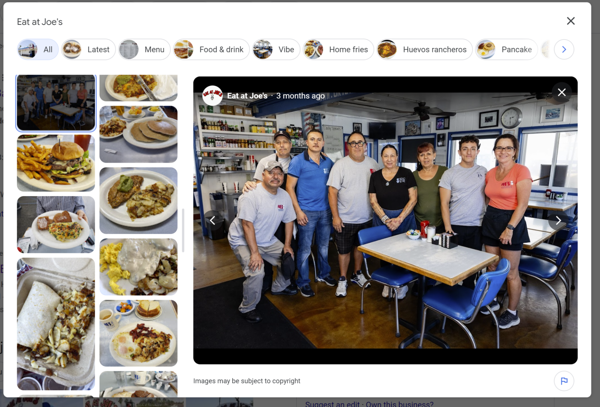 A photo set for a local diner shows staff, dishes, and amenities.