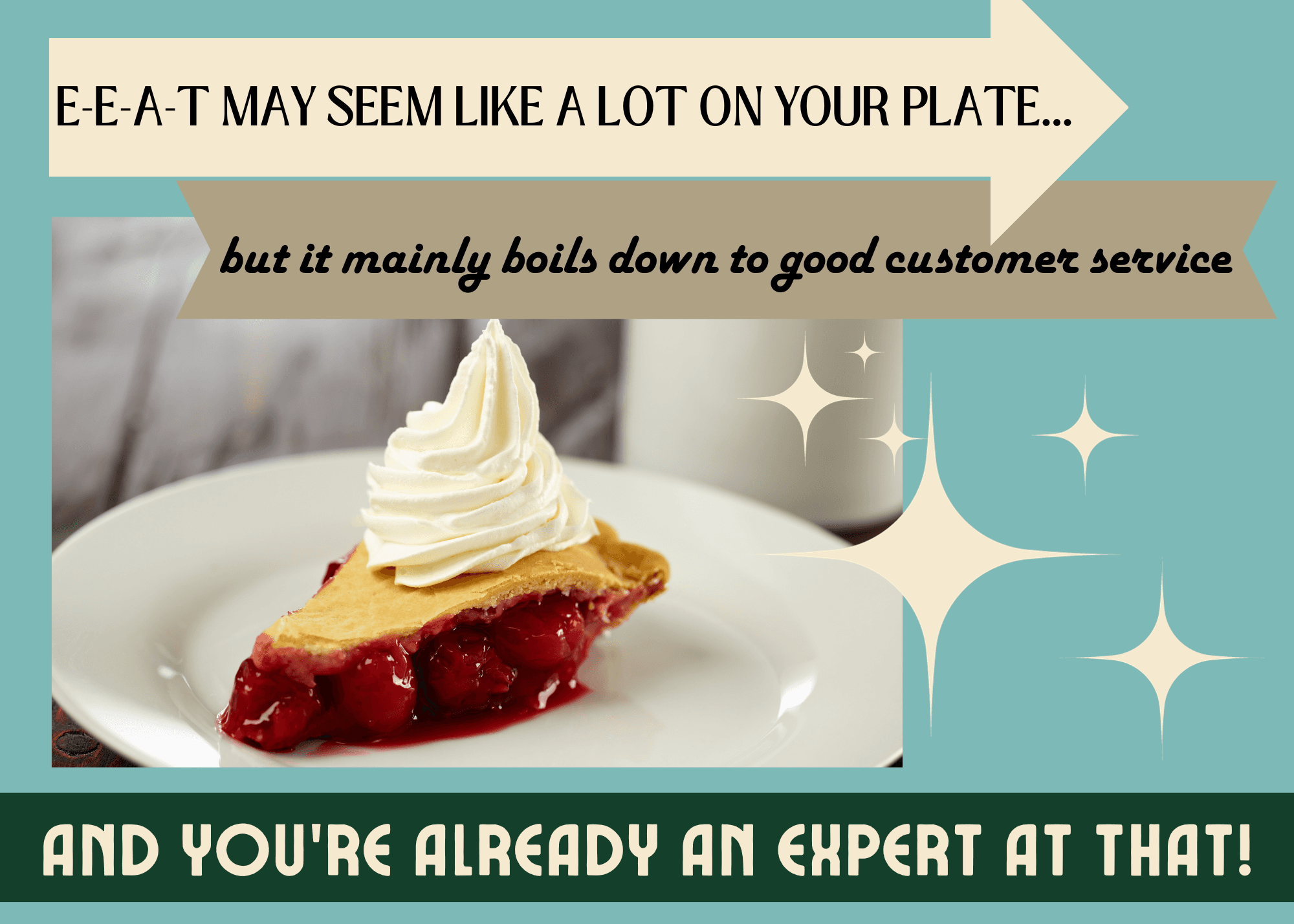 A retro graphic with a piece of cherry pie says "E-E-A-T" may seem like a lot on your plate, but it mainly boils down to good customer service, and you're already an expert at that!"