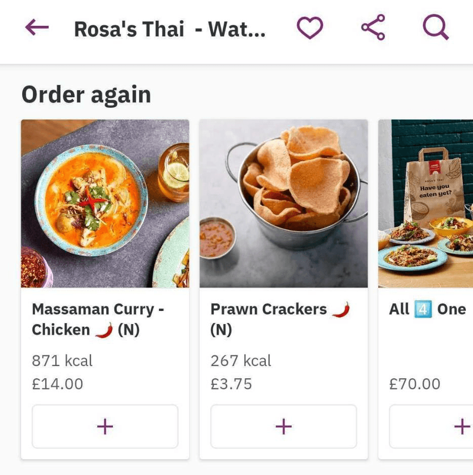 A screenshot of Deliveroo's home screen in the UK, displaying an ‘Order again’ carousel when logged in.