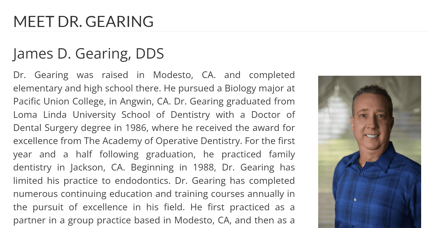 A thorough profile on a web page for a dental surgeon.