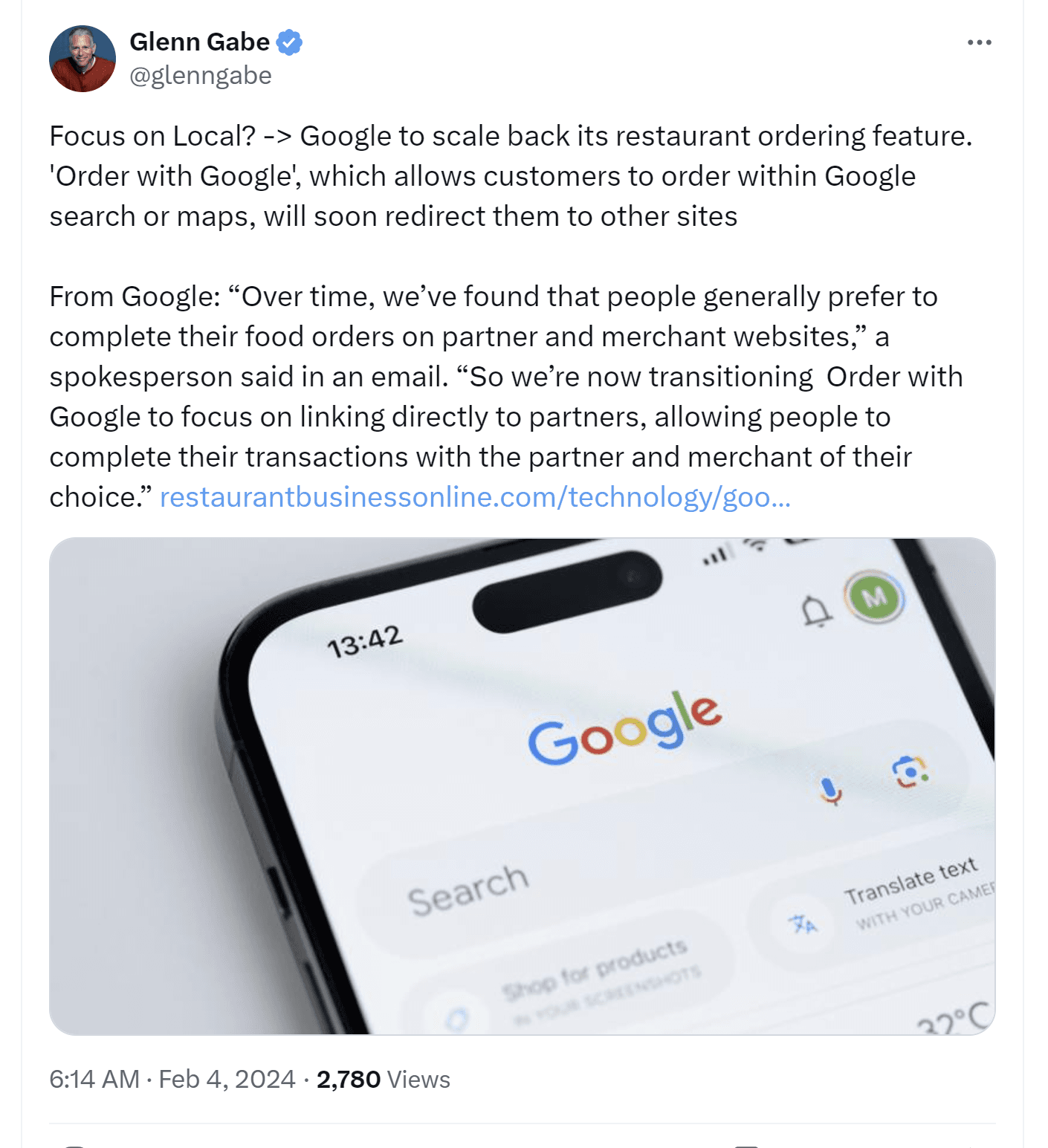 A tweet shares that Google is ending its experiment with online restaurant ordering.