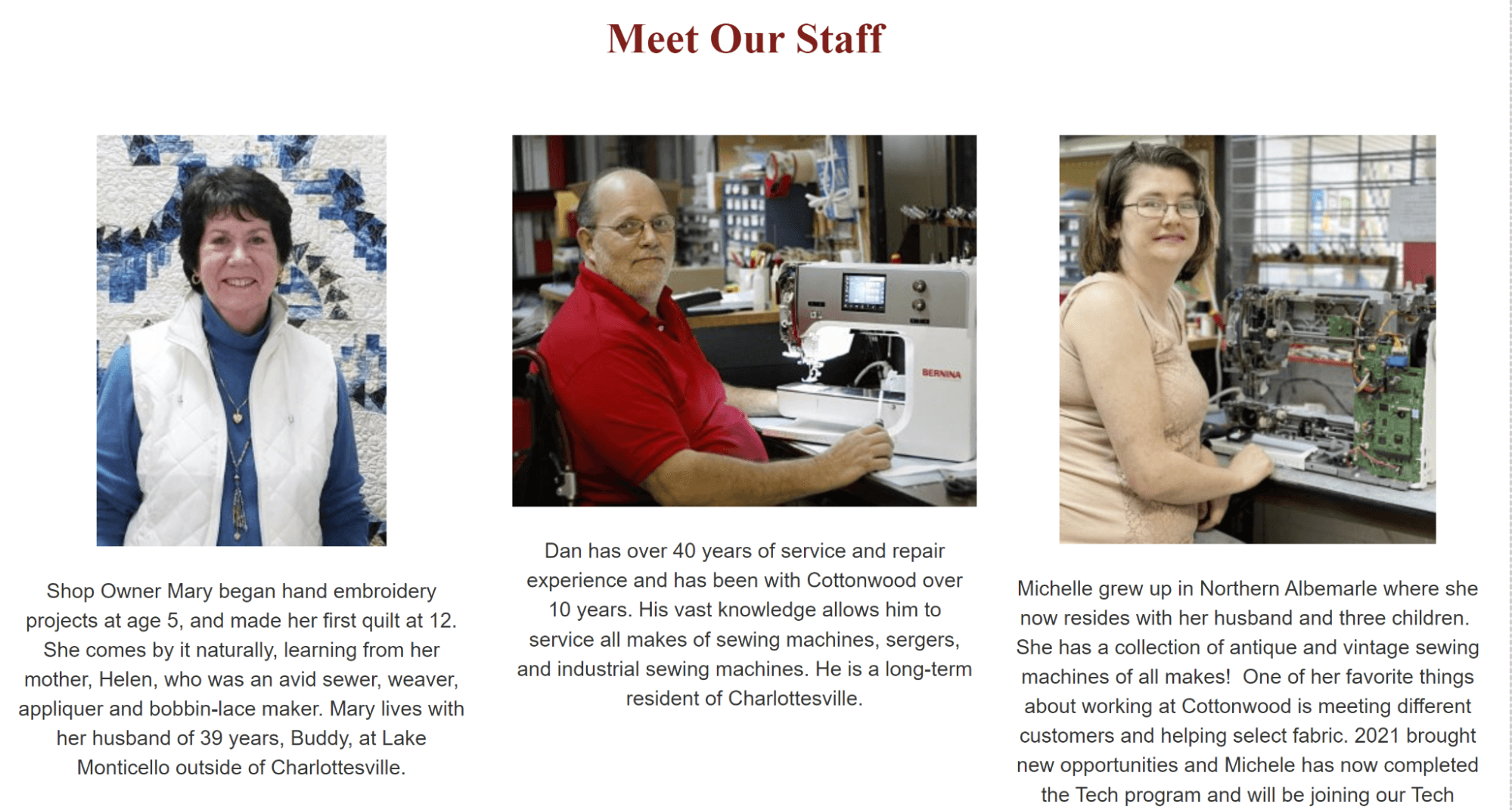 Bios for multiple staff at a quilting company show the expertise of each employee.