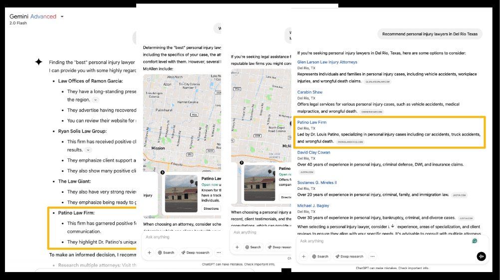 Gemini search results featuring Patino Law Firm for a local query.