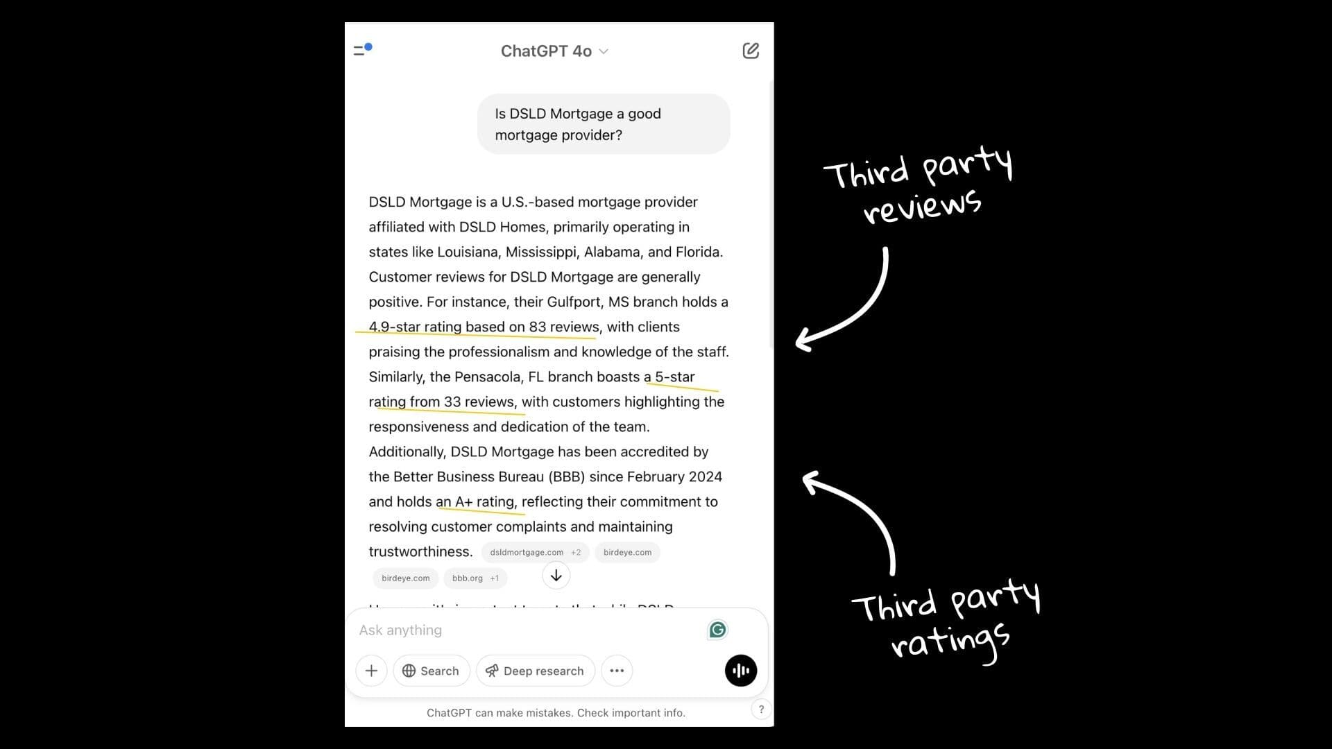 ChatGPT response highlighting the use of third-party reviews and ratings. Sources and related content
