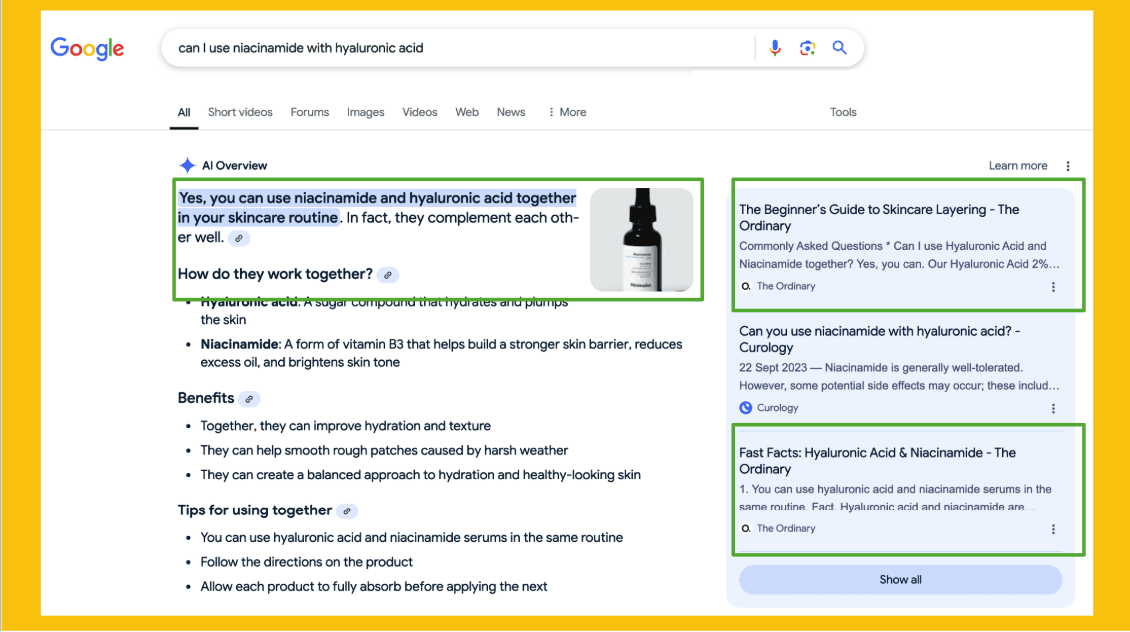 Google search results with AI Overview featuring The Ordinary brand.