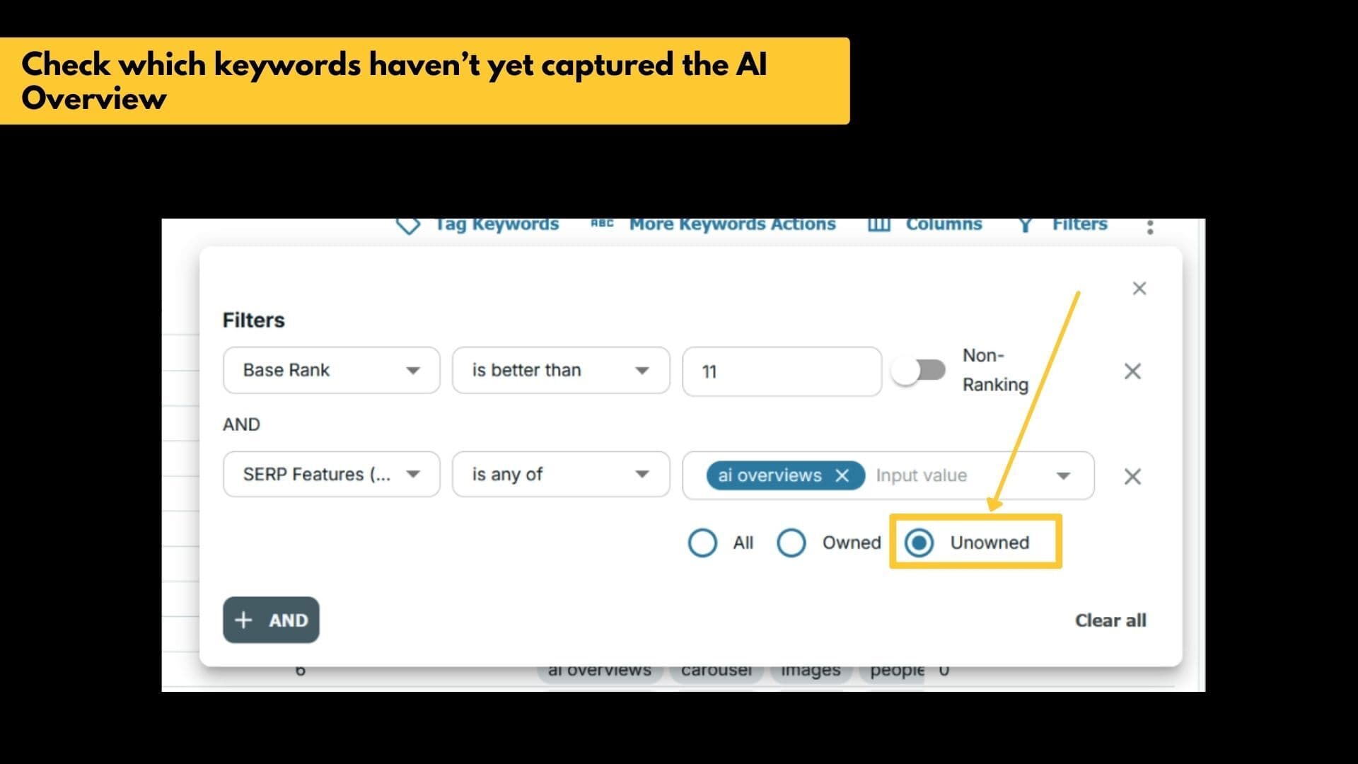 STAT filter options highlighting the "Unowned" selection for AI Overviews.
