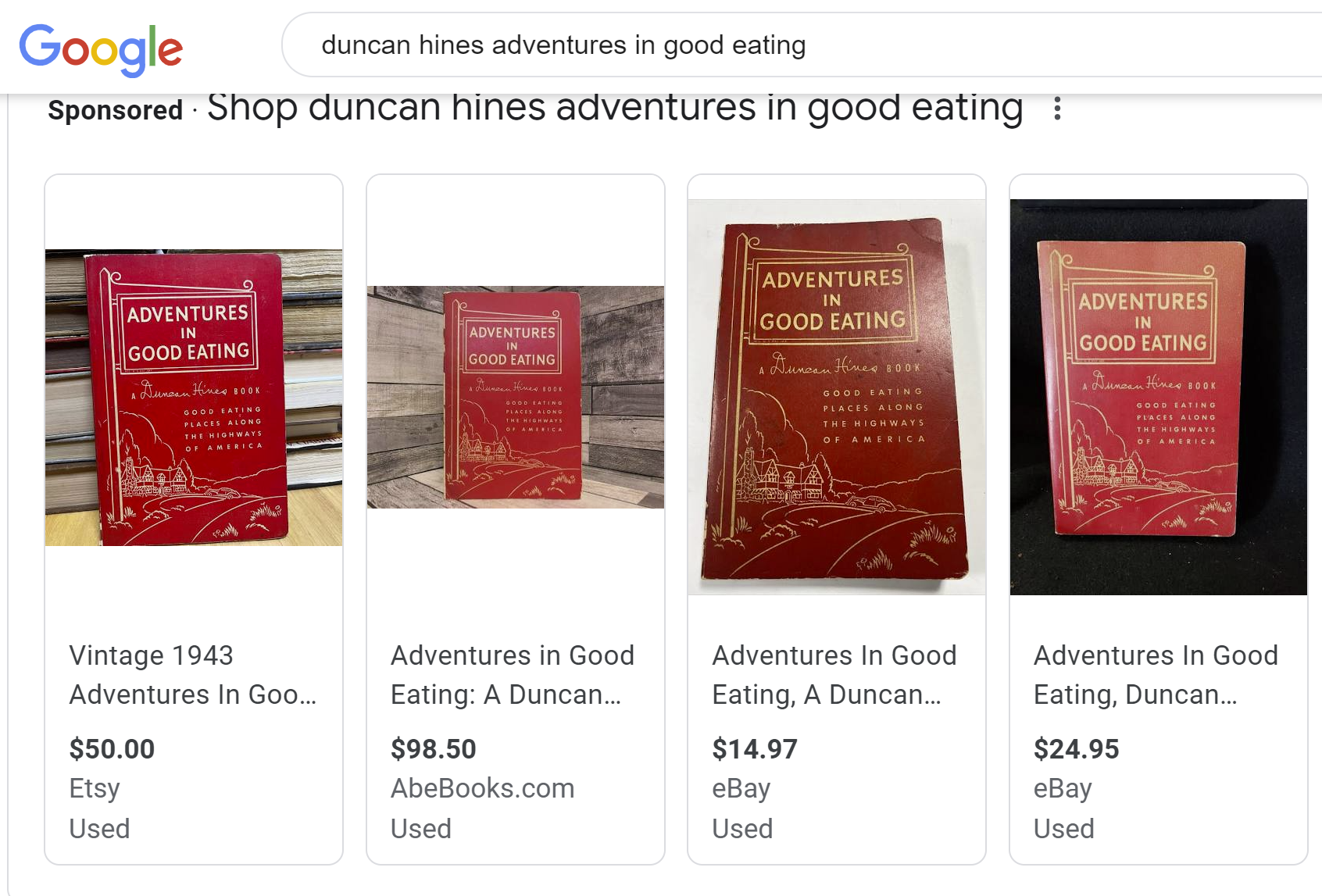 Google image results for the old Duncan Hines Adventures In Good Eating guidebook.