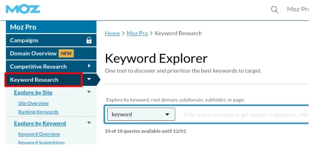Moz Pro interface