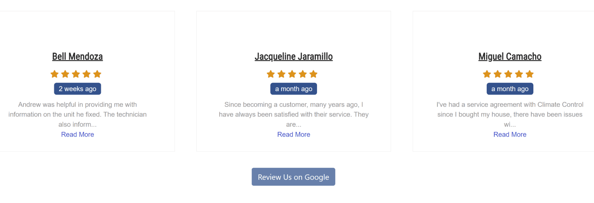 Reviews embedded on a website along with a "Review Us on Google" button.