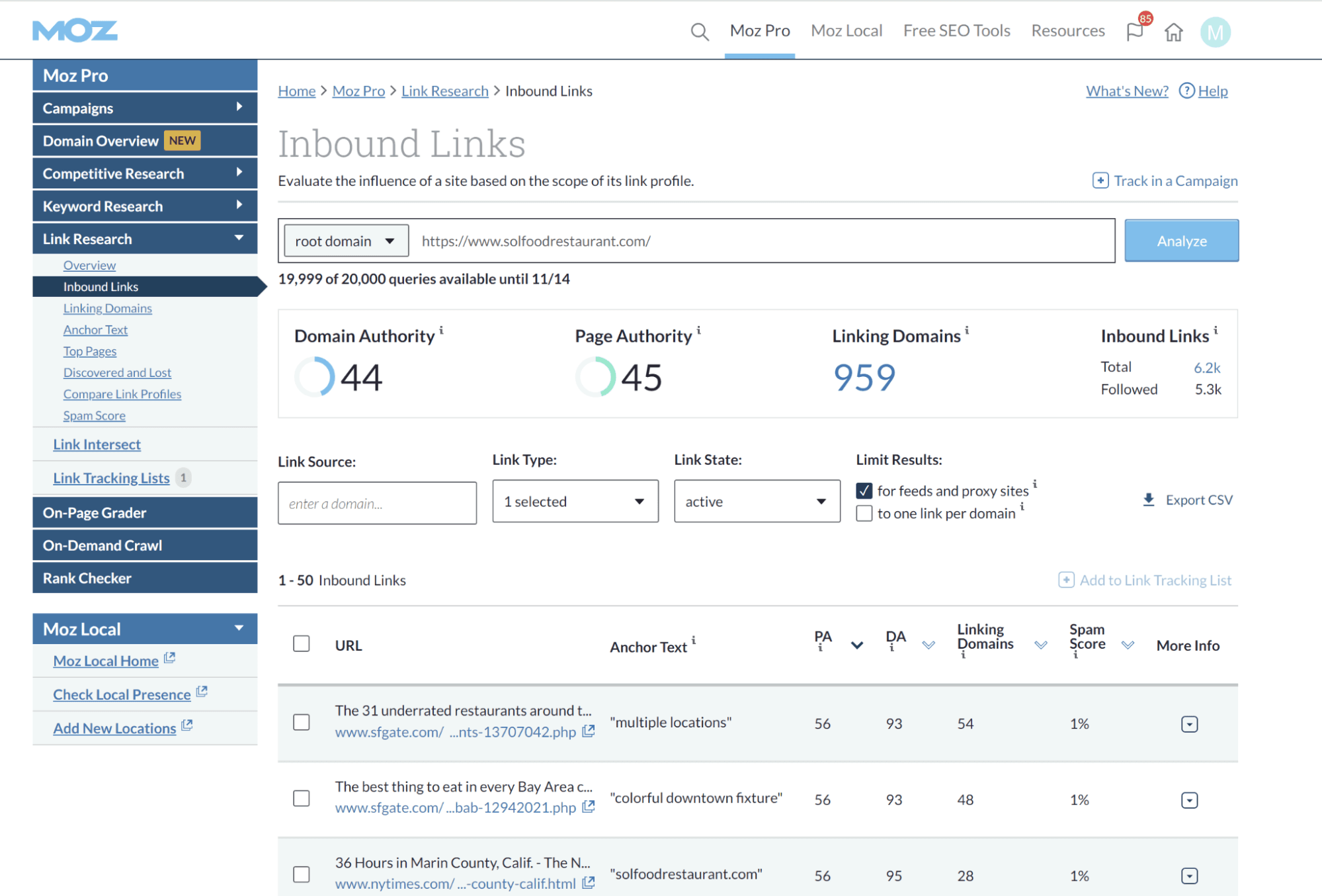 Screenshot of the Moz Pro Link Explorer dashboard showing intelligence about the links a local restaurant has earned.