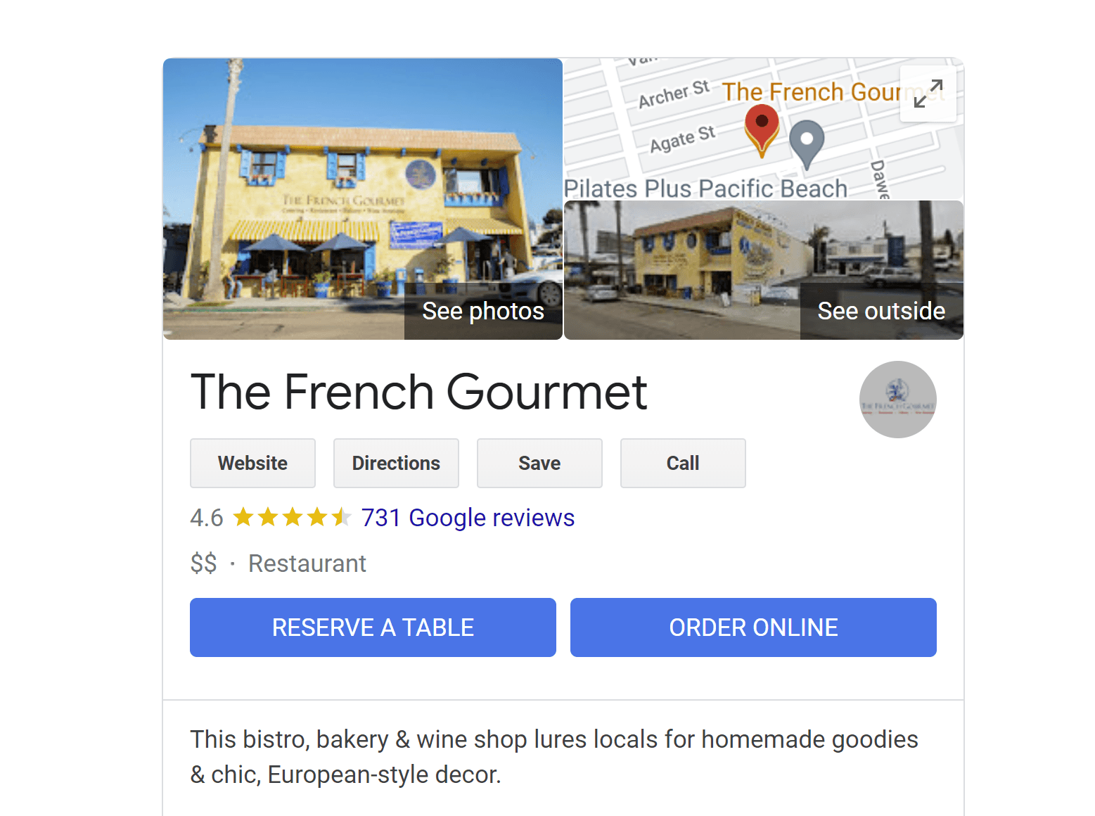 The Google Business Profile of a restaurant showing its reviews portion.