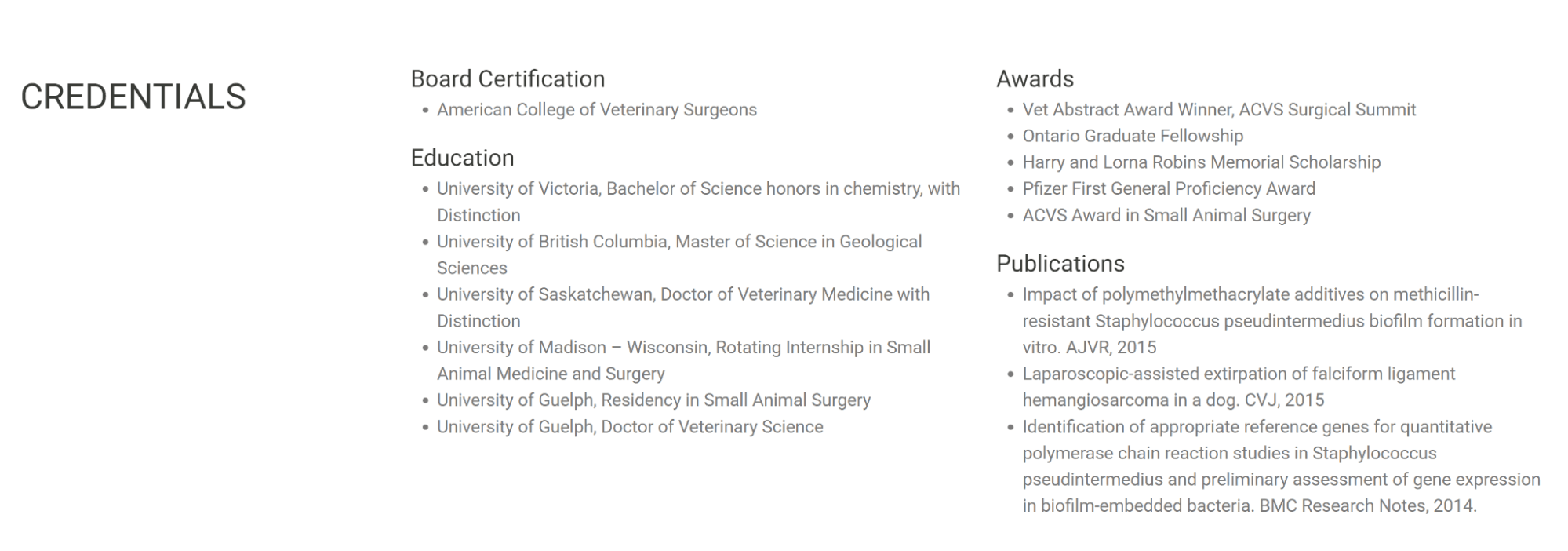 The bio of a vet lists all his formal credentials