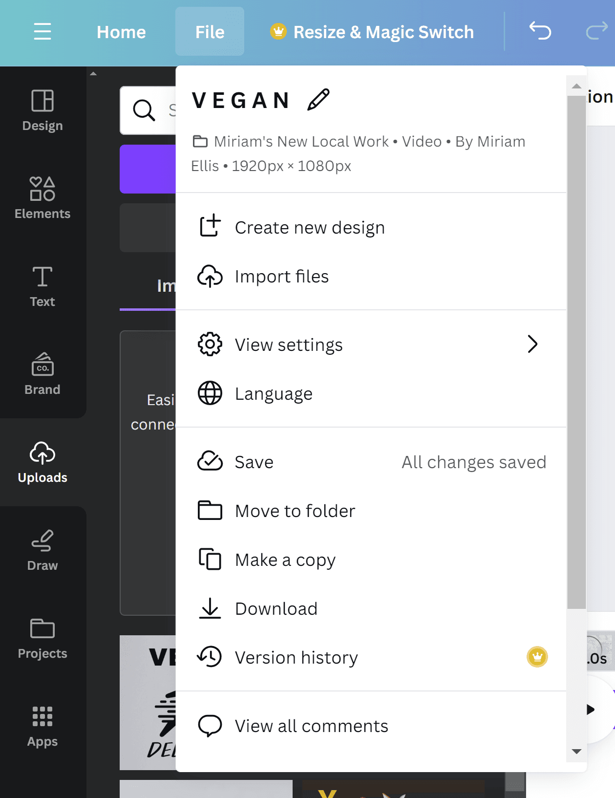 Screenshot showing how to save your file to a folder in Canva.