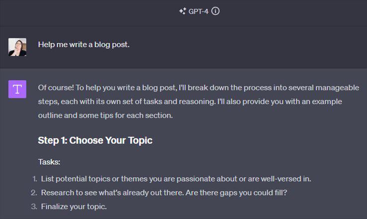 Alt text: Using ChatGPT with the prompt "Help me write a blog post" and its response