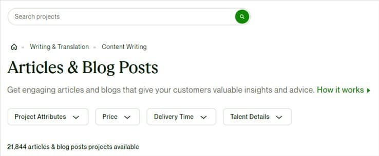 A screenshot of Upwork's search screen for Articles & Blog Posts featuring Project Attributes, Price, Delivery Time, and Talent Detail choices