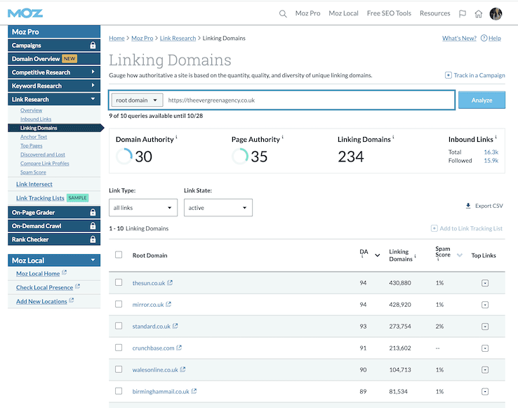 Moz link explorer page