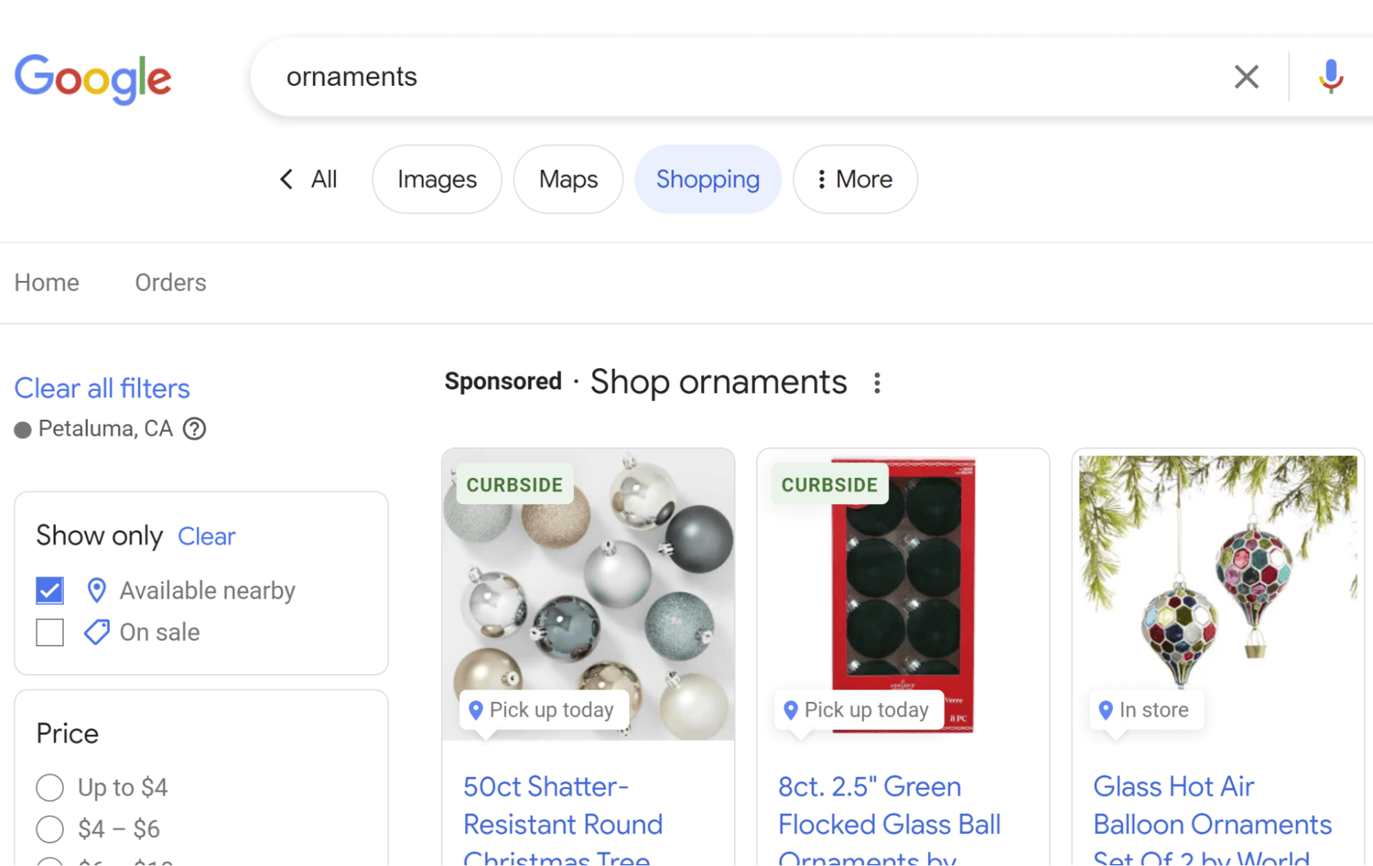 screenshot of Google shopping page