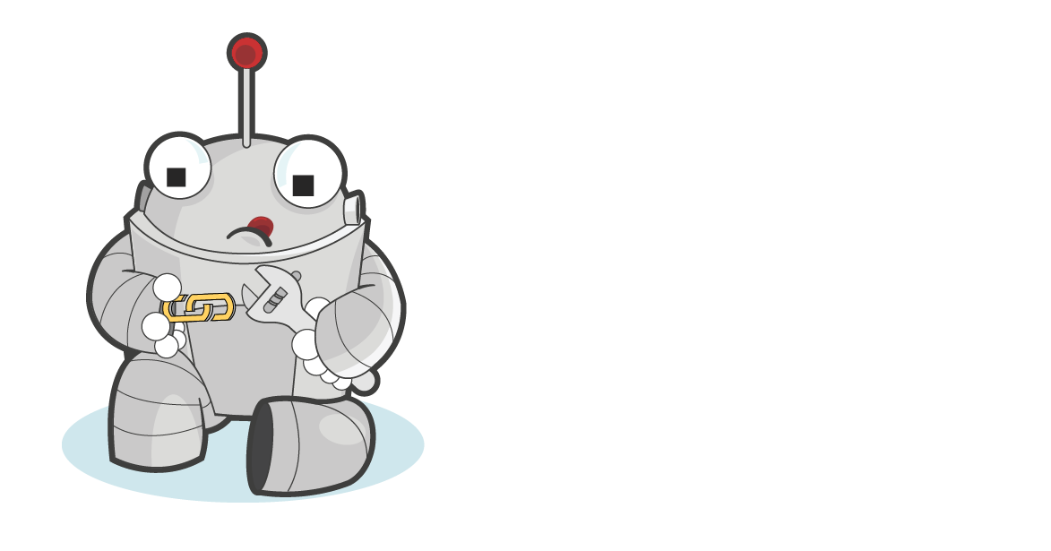 Roger MozBot sitting on the ground with his tongue out, intently working on a link with a wrench.