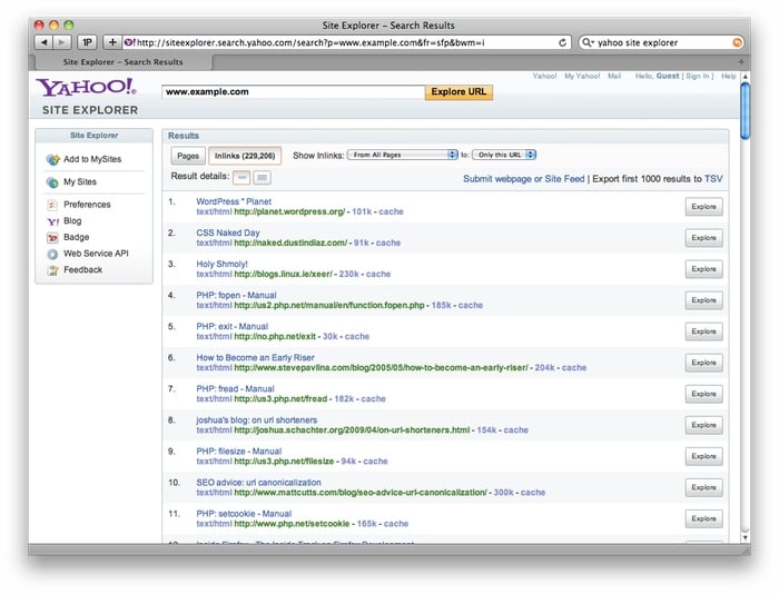 Yahoo Site Explorer