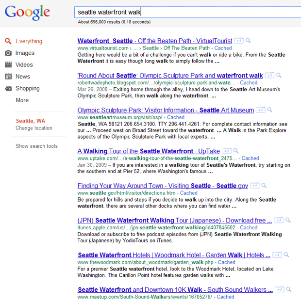 Google SERPs for Seattle Waterfront Walk