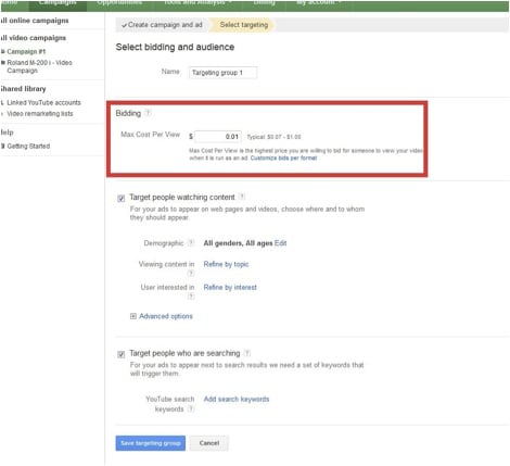 Adwords video campaigns setup page screenshot