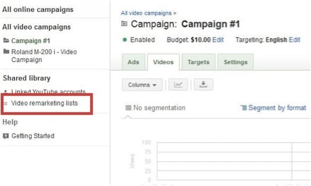 Screenshot showing where to set up Video Remarketing in Google Adwords