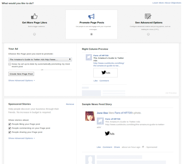 Facebook Page Post Ads - Creation