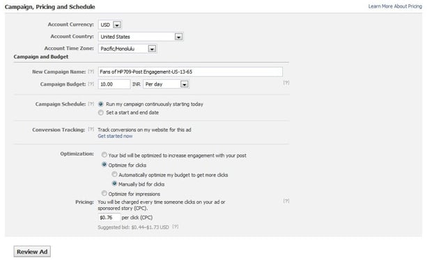Facebook Page Post Ads - Setting the Bids