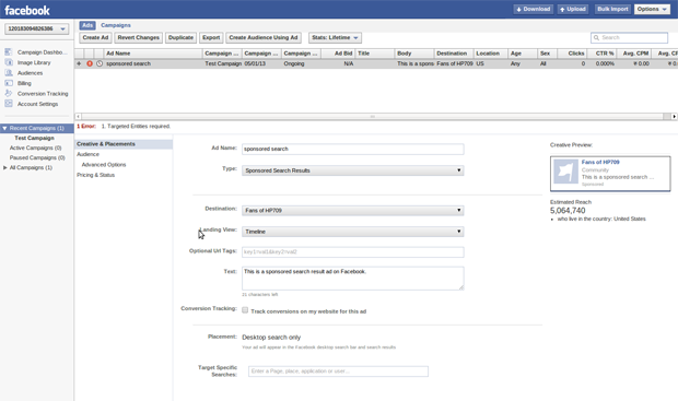 Facebook Sponsored Search Results - Creation