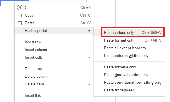 Screenshot of spreadsheet menu