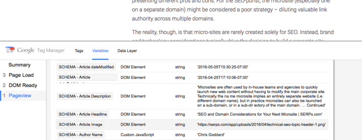 testing tag manager schema variables
