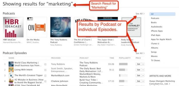 iTunes search results for "marketing."